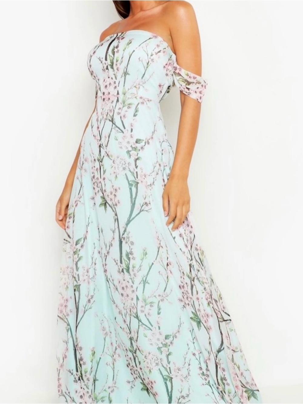 Boohoo Floral Midi Dress Blue Pink Off Shoulder Cottagecore NWT Size 8